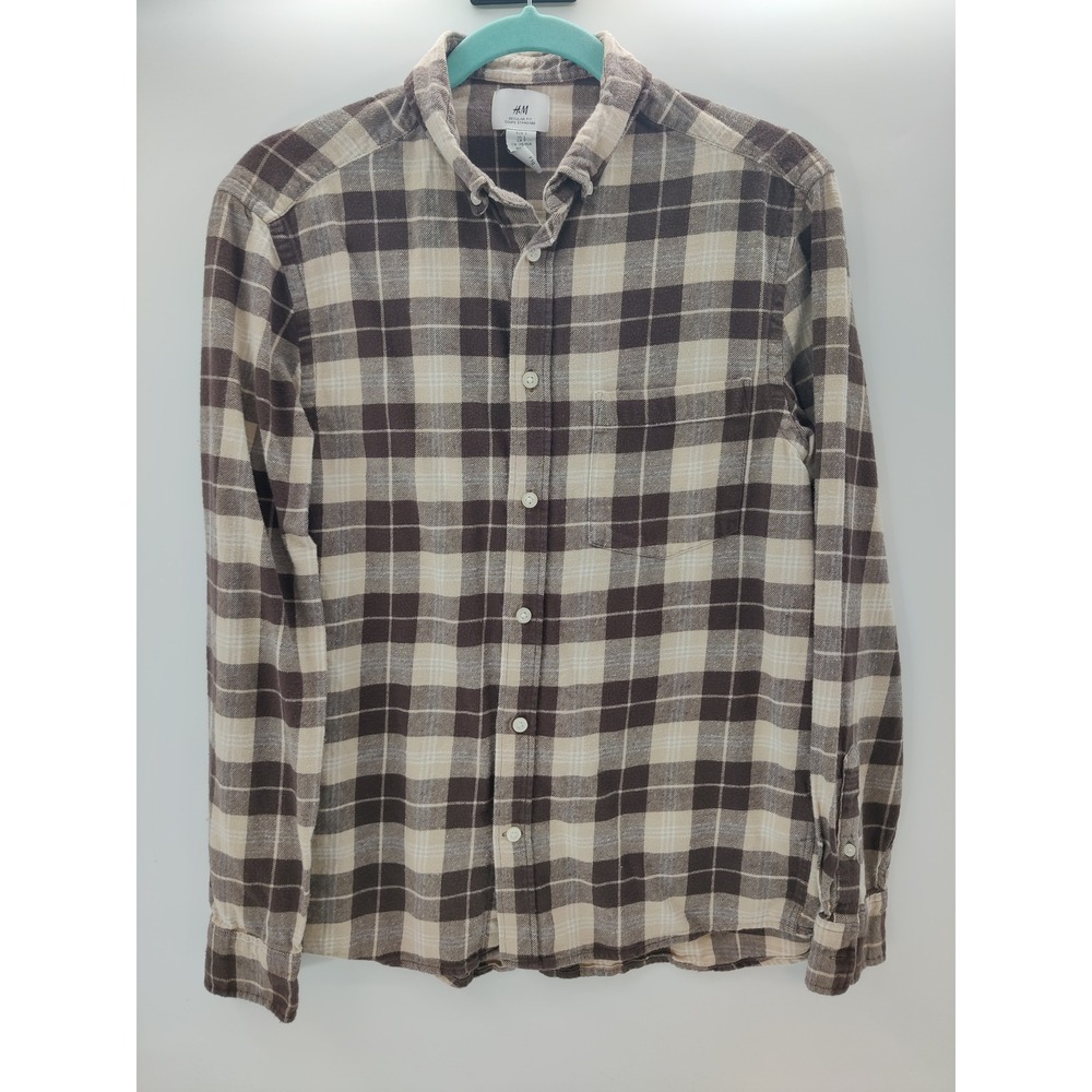 HM Mens Regular Fit Brown Tan Plaid‎ Flannel Button Down Shirt Small 0996265 4